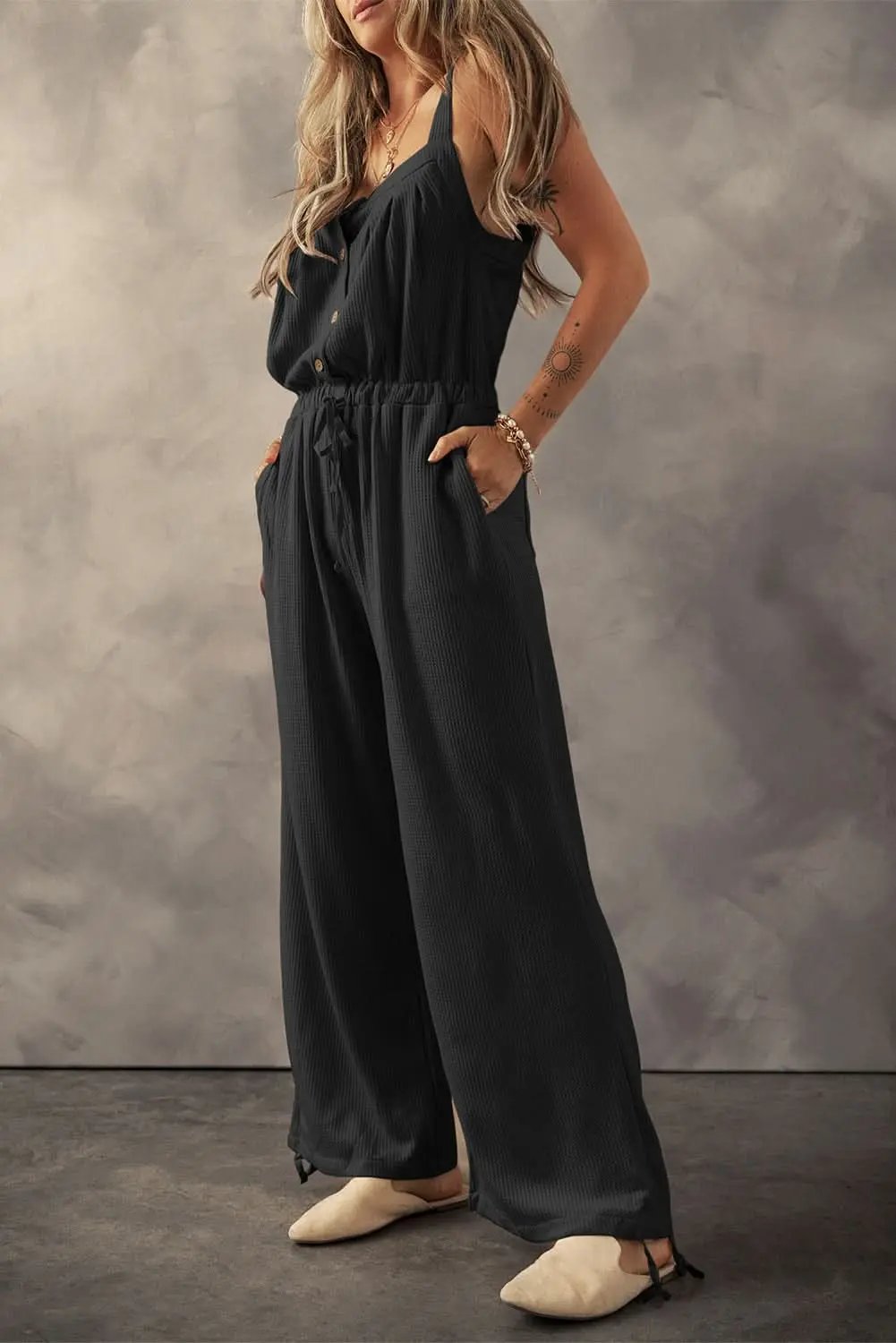 Black Knotted Straps Button Textured Drawstring Jumpsuit - Love Salve